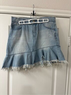 Jolt Light Blue Distressed Denim Ruffle Hem Skirt